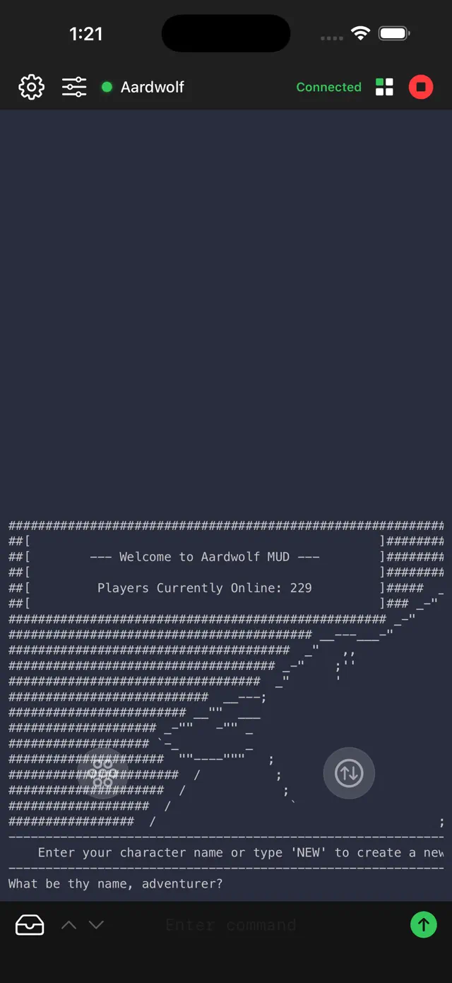 A connected MUDBasher session showing ANSI artwork and a login prompt from Aardwolf.