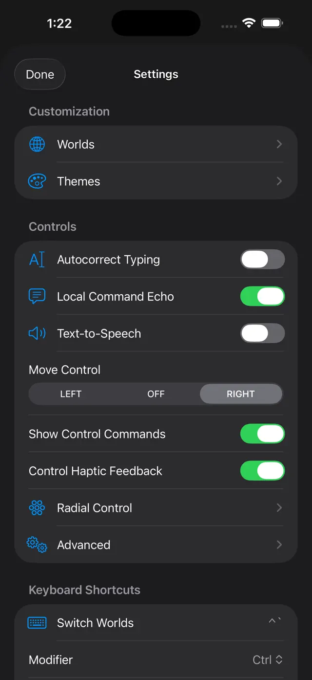 MUDBasher settings, showing theme, control and keyboard shortcut options.