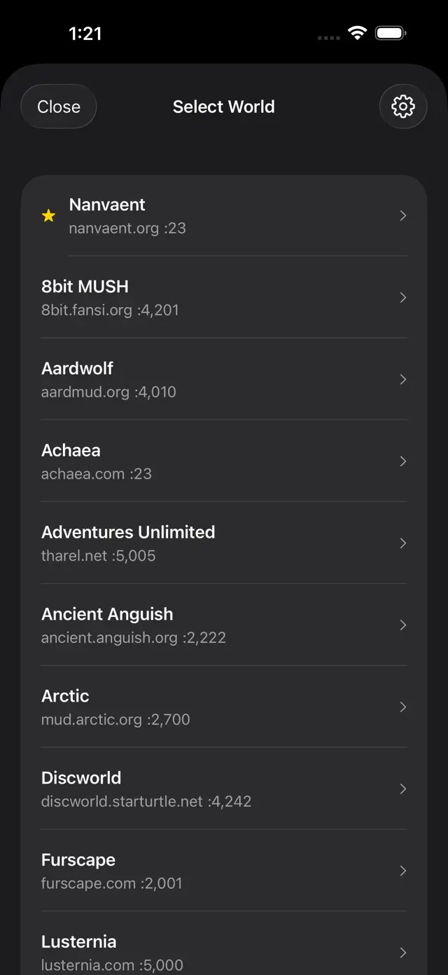 The world picker in MUDBasher, listing saved MUDs with their hostnames and ports.