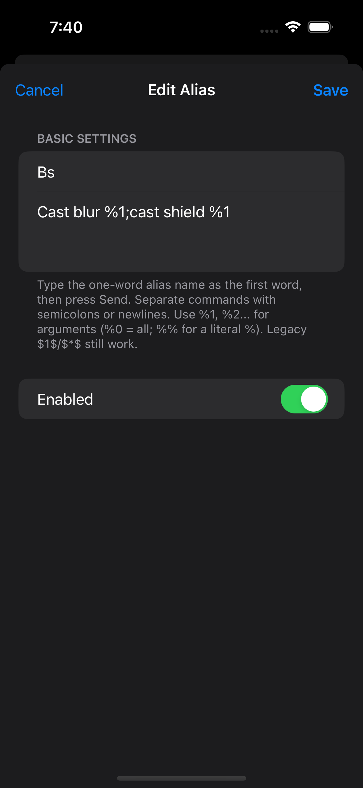 Alias form showing the bs alias name and its cast blur and cast shield expansion.