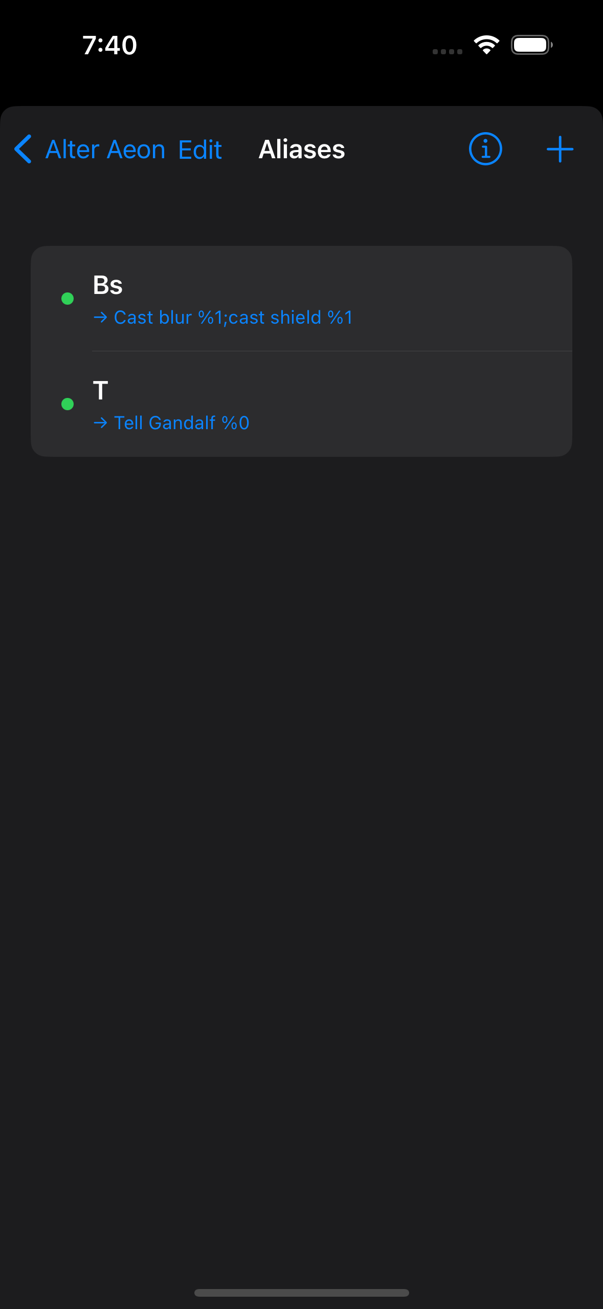 MUDBasher's Aliases list showing two example aliases, bs and t.