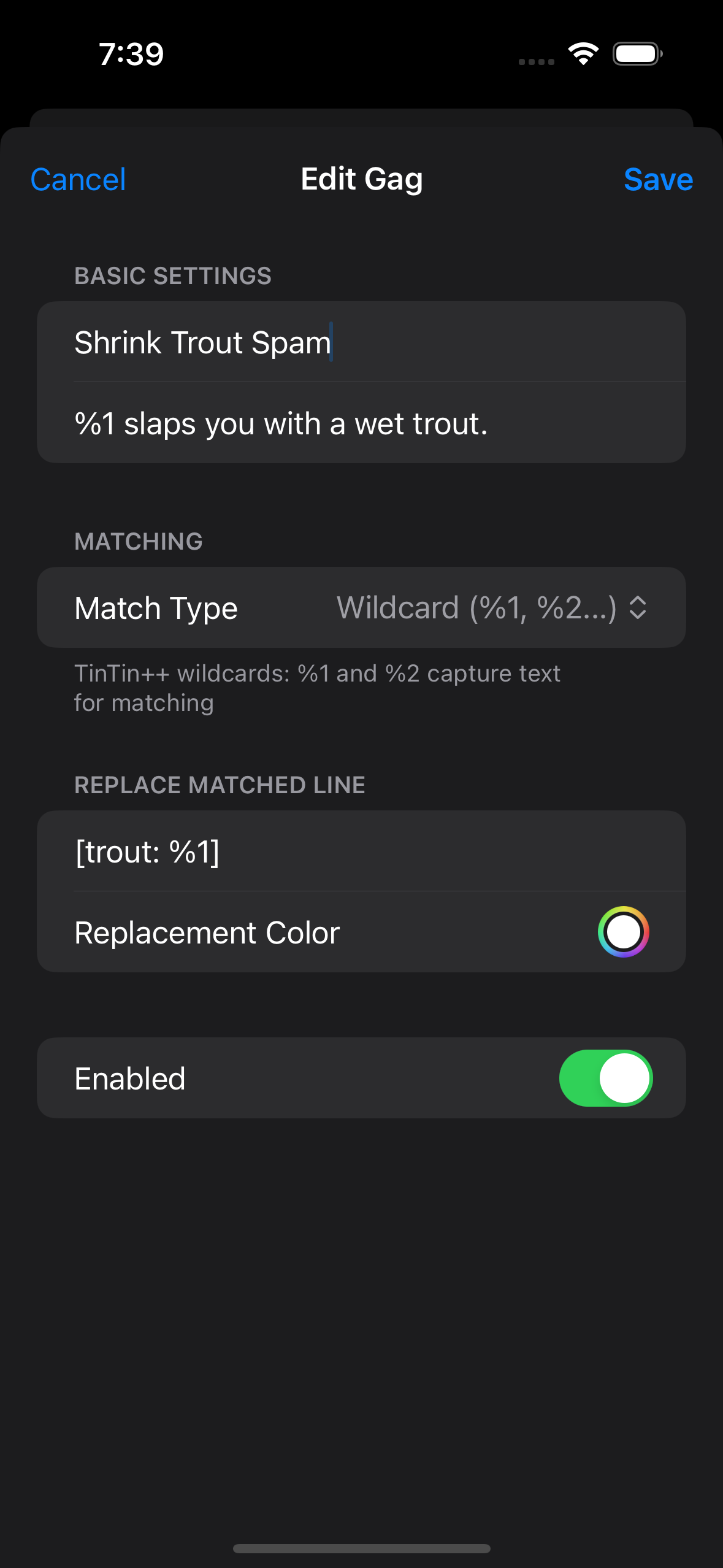 Gag form showing wildcard match type, the trout-slap pattern, and its replacement text.
