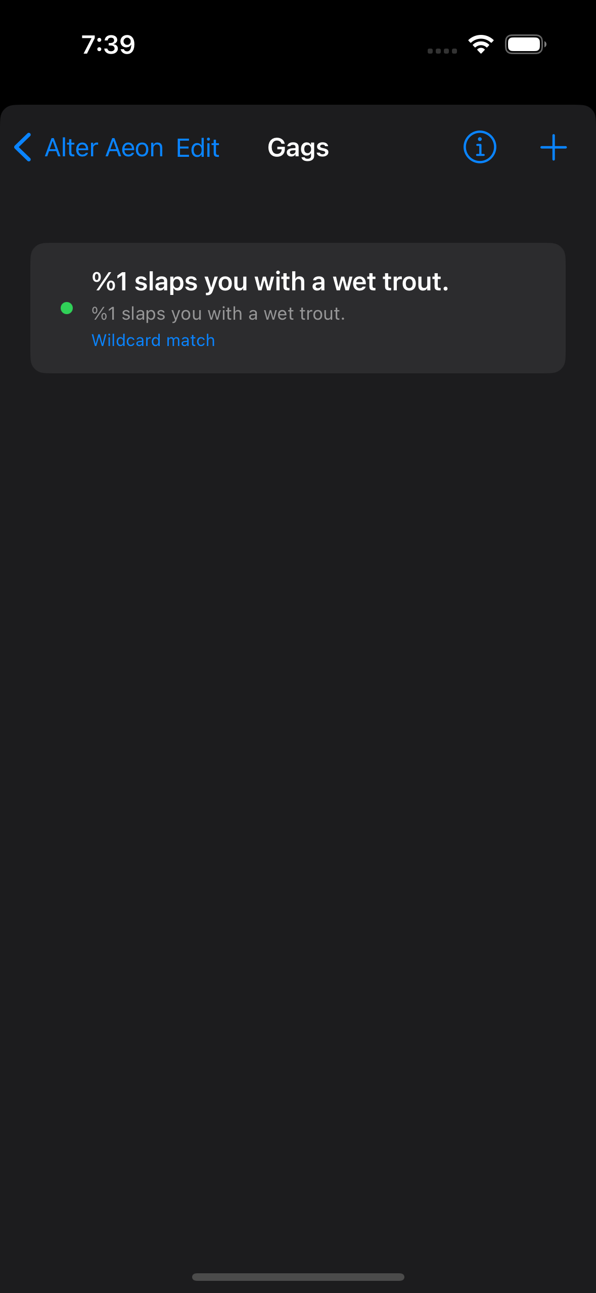 MUDBasher's Gags list showing an example wildcard gag for combat spam.