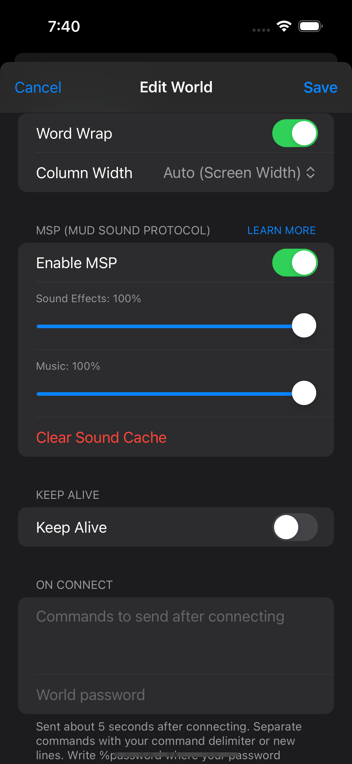 MUDBasher's MSP settings section showing Enable MSP, Sound Effects and Music volume sliders, and Clear Sound Cache.
