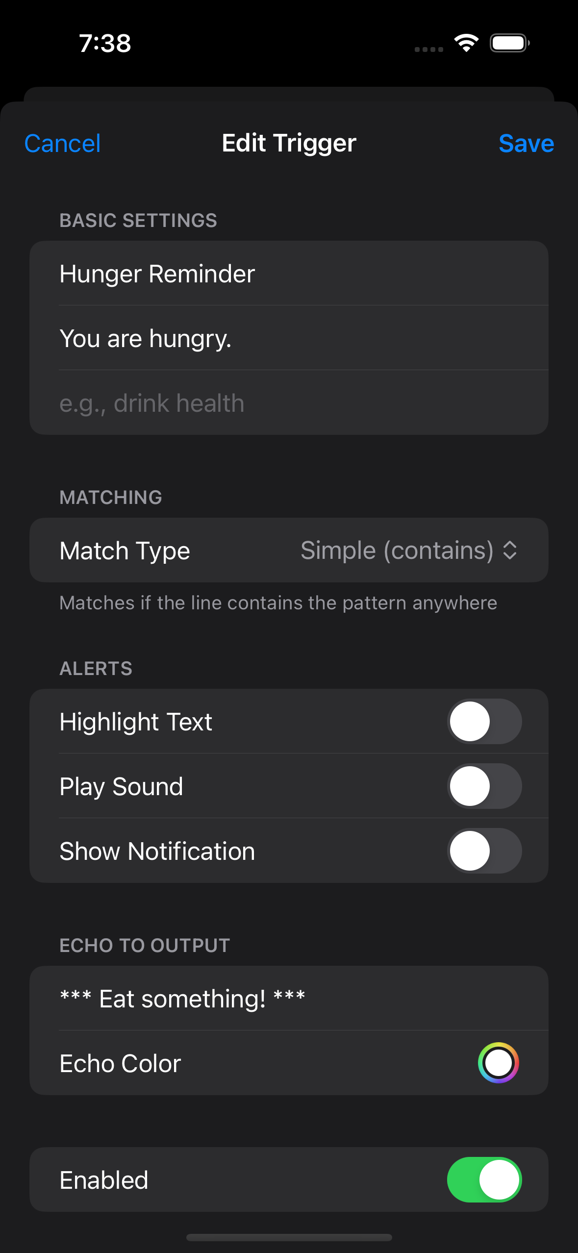 Trigger form showing the Echo to Output section with 'Eat something!' echo text filled in.