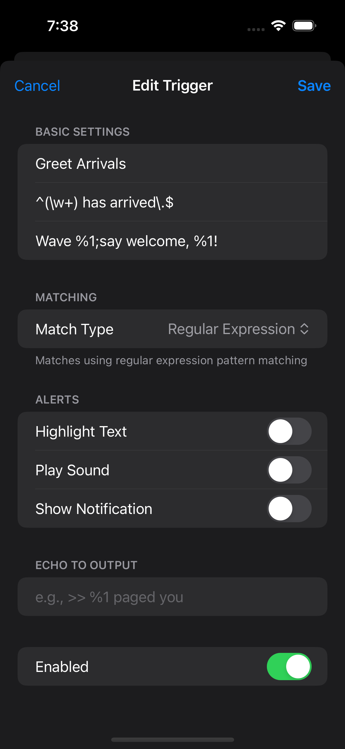Trigger form showing the Greet Arrivals example: regex match type, pattern, and action fields filled in.